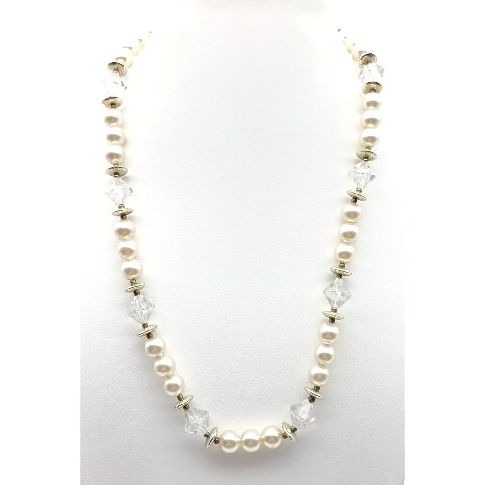 Vintage Faux Pearl & Crystal Bead Necklace With Gold-Tone Accents